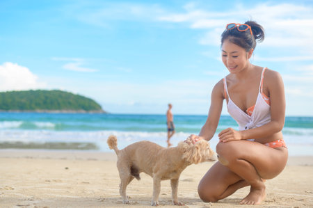 A Young Beautiful woman in Bikini with her dog enjoying and relaxing on the beach,  Summer, vacation, holidays, Lifestyles concept.の写真素材