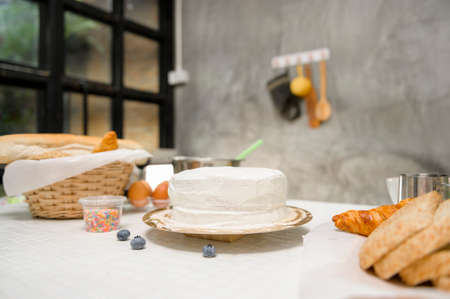 Baking or cooking ingredients composition on the kitchen table  background, coffee shop business conceptの写真素材