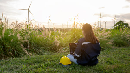 a woman engineer is wearing a protective helmet on her head, using computer Analytics engineering...