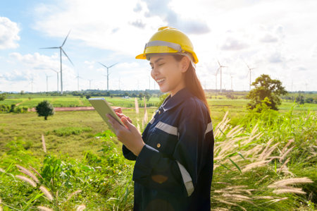 a woman engineer is wearing a protective helmet on her head, using tablet Analytics engineering...