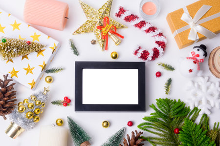 Top view Christmas flat lay  decorations on white backgroundの写真素材