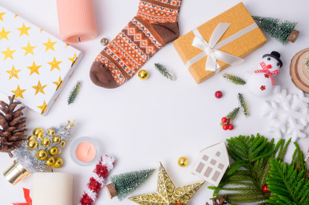 Top view Christmas flat lay  decorations on white background