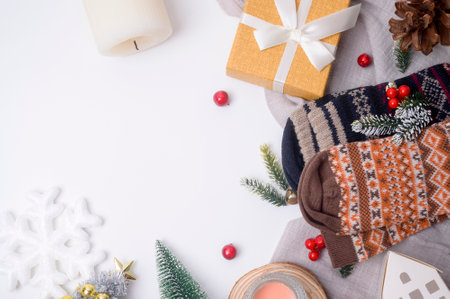 Top view Christmas flat lay  decorations on white backgroundの写真素材