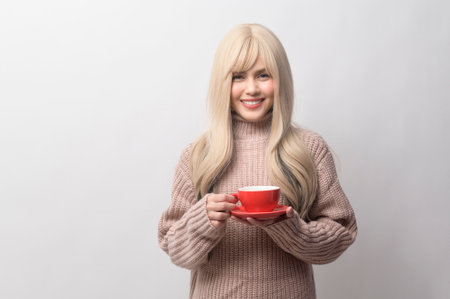 Portrait of Caucasian young woman wearing sweater drinking coffee over white backgroundの写真素材