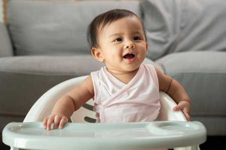 A baby girl ready for eating blend food on baby chairの写真素材