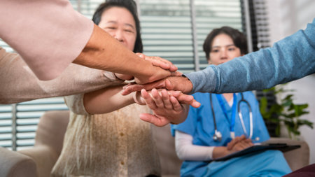 Group of Asian senior people are given advice by professional self care psychologist  at elderly healthcare center, elder group therapy Geriatric consultation conceptの写真素材