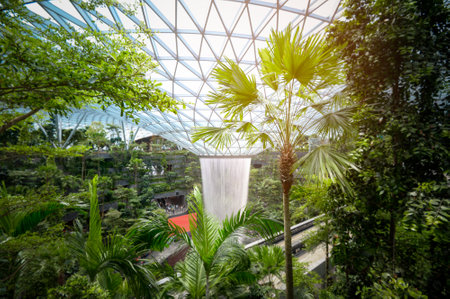 Changi, Singapore - 26/12/2022 : Jewel Changi Airport , artificial waterfall dome with plants where is most famous eco landmark combined with shopping mall in Changi Airport .のeditorial素材