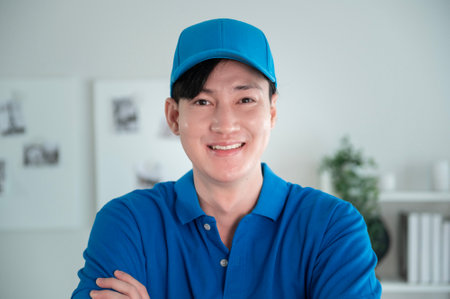 An Asian young Technician service man wearing blue uniform checking electrical appliances in home