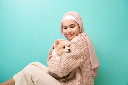 A Portrait of Young muslim woman kisses and hugs her dog over green background.の写真素材