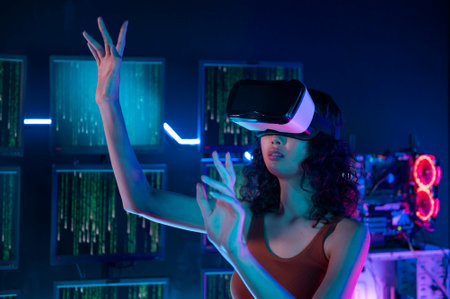 A young Asian woman using virtual reality  , vr box to play online game or watch movie
