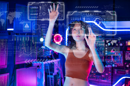 An Asian woman is touching interface on virtual reality screen , Technology futuristic concept .