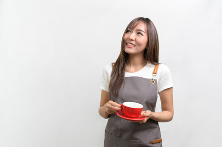 A Portrait of young asian woman wearing apron over white background studio, cooking and entrepreneur conceptの写真素材