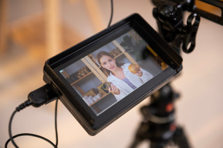 Behind the scenes of A young pretty woman entrepreneur live streaming to sale craft products to...