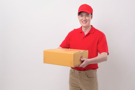 Asian Young delivery man wearing  red uniform on  white background studioの写真素材