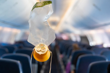 oxygen mask drop from the ceiling compartment on airplaneの写真素材