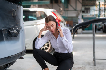 A young Caucasian woman calling mechanic service to repair her car feeling upset repair service