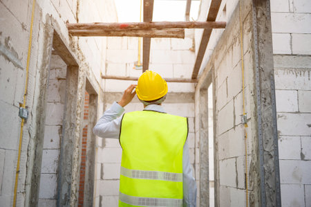 An Asian man engineer is putting a protective helmet on his head