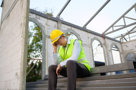 An Asian Engineering man with safety helmet feeling sad in construction siteの写真素材