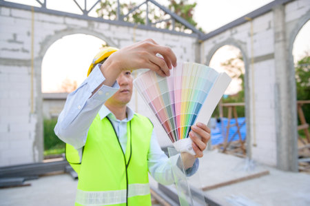 An Asian Engineering man wearing safety helmet selecting color in construction siteの写真素材