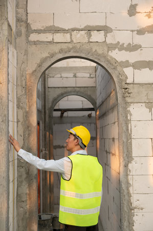 An Asian Engineering man wearing safety helmet checking construction site analyzing about project...