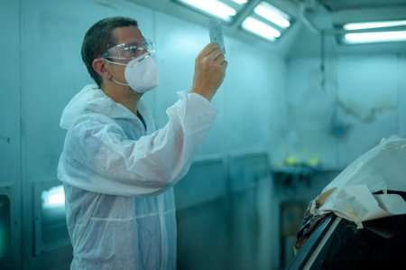 caucasian man is checking color painting in repair mechanic painting shopの写真素材