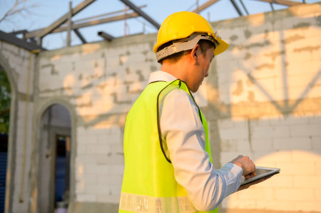 An Asian engineer man is wearing a protective helmet on head, using tablet Analytics engineering dataの写真素材