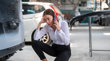 A young Caucasian woman calling mechanic service to repair her car feeling upset repair serviceの写真素材