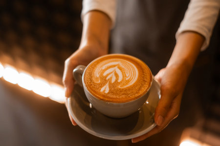 Latte art in barista hand ready to drink in modern coffee shopの写真素材