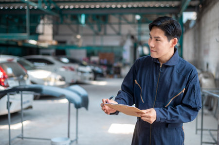 Asian man car mechanic is checking report in auto repair shopの写真素材