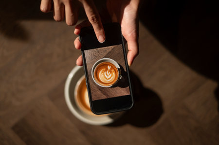 smartphone taking photograph hot cappuccino with latte art on wood background