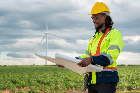 Smart engineer with protective helmet holding the blueprint working at electrical turbines fieldの写真素材