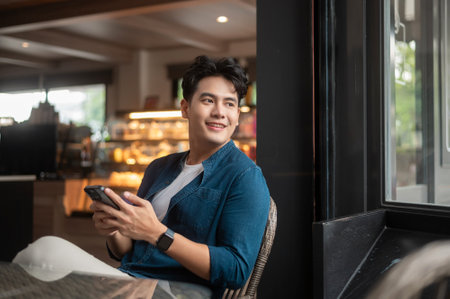 Young Asian man using smart phone in cafeの写真素材