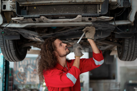 Young caucasian repairman analyzing and fixing broken car in car repair mechanic shopの写真素材