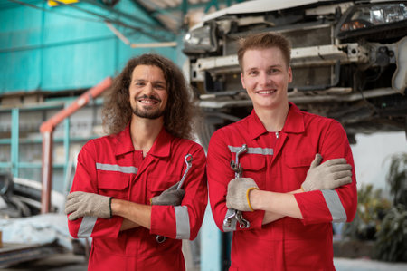 Caucasian repairmen are analyzing and fixing broken car in car repair mechanic shopの写真素材