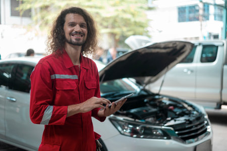 Young caucasian repairman analyzing and fixing broken car in car repair mechanic shopの写真素材