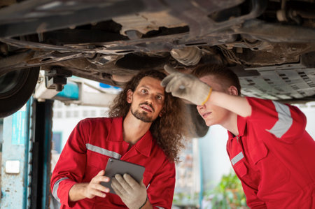 Caucasian repairmen are analyzing and fixing broken car in car repair mechanic shopの写真素材