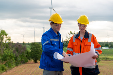 Smart engineer with protective helmet holding the blueprint working at electrical turbines field