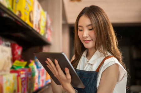 An Asian woman entrepreneur using tablet checking stock or sale income in modern coffee shop , concept small businessの写真素材