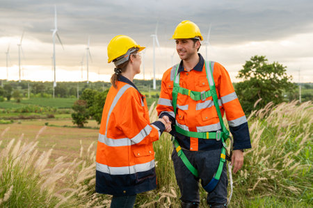 Smart engineers with protective helmet shaking hands at electrical turbines fieldの写真素材