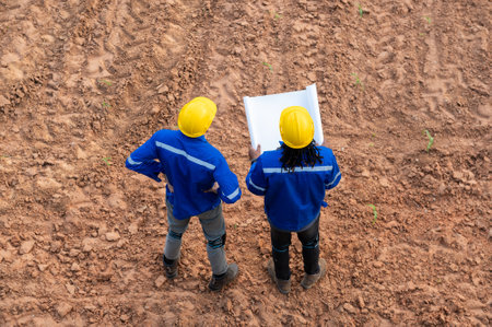 Top view of Engineering people meeting in agricultural field, Engineering people, corporate working,...