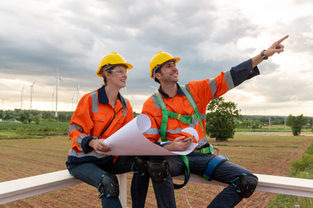 Smart engineer with protective helmet holding the blueprint working at electrical turbines field