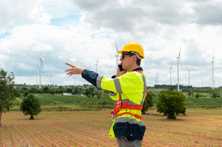 A smart engineer with protective helmet on head, using smartphone at electrical turbines fieldの写真素材