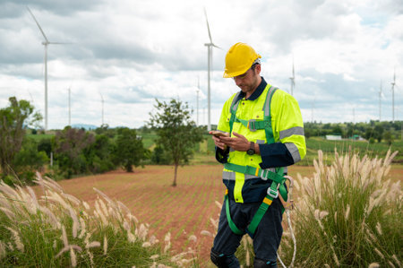 A smart engineer with protective helmet on head, using smartphone at electrical turbines field