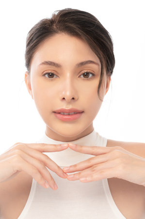 A portrait of young beautiful woman face with smooth healthy skin on white background , Skincare conceptの写真素材