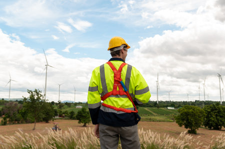 Portrait of smart engineer with protective helmet at electrical turbines fieldの写真素材