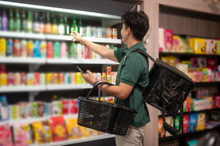 An Asian man delivery choosing goods from online order in supermarket , online delivery service conceptの写真素材