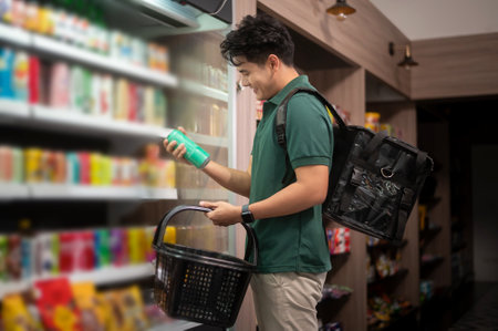 An Asian man delivery choosing goods from online order in supermarket , online delivery service...