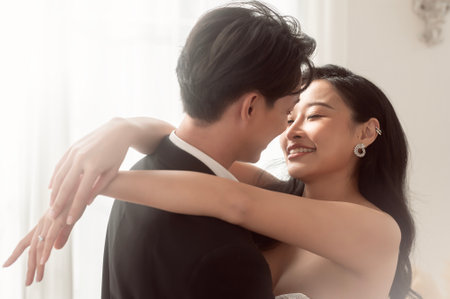 Couple of bride and groom enjoying romantic moments in wedding ceremony, Love, celebration and marriage.の写真素材