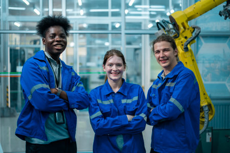 Portrait of Robotics engineers working with Programming and Manipulating Robot Hand, Industrial...