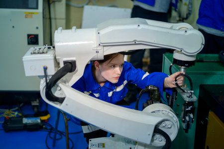 Female Robotics engineer working with Programming and Manipulating Robot Hand, Industrial Robotics...